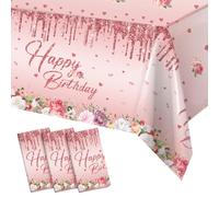 Frigg Nappe Rose Anniversaire Fille, 3 Pièces 220 * 130cm Nappe Rectangulaire Rose, Happy Birthday Nappe de Table pour Decoration Anniversaire Princesse, Baby Shower Fille