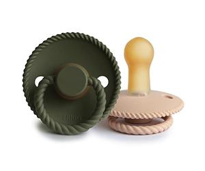 FRIGG Rope Lot de 2 sucettes | Sucette en latex | Fabriqué au Danemark | Sans BPA | Tétine Cerise Symétrique | (Croissant/Olive, Taille 2 (6-18 Mois))