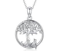 Friggem Collier Femme en Argent 925 Pendentif Arbre de Vie, Collier Animal Mignonne Renard, Pendentif Arbre Généalogique, Cadeau Bijoux pour Femme Maman Fille (Arbre de Vie-E)