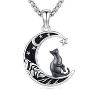 Friggem Collier Pendentif Chat,Pendentif Chat Lune en Argent Sterling 925 Collier de Bijoux Femme, Cadeaux pour Femme Filles Amoureux des chats