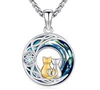 Friggem Collier Pendentif Chats,Pendentif Lune Chat deux en Argent Sterling 925 avec cristal bleu et Collier de Bijoux Femme, Cadeaux pour Amateurs de Chat Femmes Filles