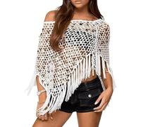 Fringe Sequin Crochet Poncho Boho Summer Sheer Cover Up Sheer Mesh Poncho Shrug Bolero Sweater Shawl (1,Taille unique)