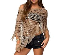 Fringe Sequin Crochet Poncho Boho Summer Sheer Cover Up Sheer Mesh Poncho Shrug Bolero Sweater Shawl (3,Taille unique)