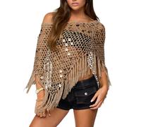 Fringe Sequin Crochet Poncho, Women Sheer Poncho Top Lightweight Knit Crochet Shrug, Sheer Mesh Poncho Shrug, Lightweight Knit Mesh Batwing Sleeve Beach Cover Ups (khaki)