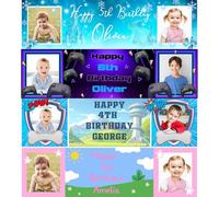 Fringoo Bannière de fête personnalisée avec photos - Décoration personnalisée pour enfants - 110 x 30 cm - Panneau Happy Birthday pour filles et garçons - Gamer