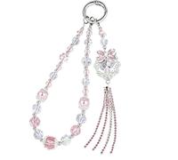 Frinnovan, Breloque de téléphone pour femme - Dragonne de poignet en perles avec languette d'attache - Antivol mains libres et détachable (cœur pompon rose)