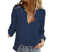 Friptspyg Blouse en Mousseline Femmes 100% Coton à Manches Longues Chemise Décontractée V-Cut Roll Up Sleeve Button Down Blouse Tops, Bleu Marine XL