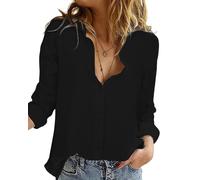 Friptspyg Blouse en Mousseline Femmes 100% Coton à Manches Longues Chemise Décontractée V-Cut Roll Up Sleeve Button Down Blouse Tops, Noir M