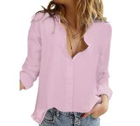 Friptspyg Blouse en Mousseline Femmes 100% Coton à Manches Longues Chemise Décontractée V-Cut Roll Up Sleeve Button Down Blouse Tops, Rose L