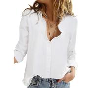 Friptspyg Blouse en Mousseline Femmes 100% Coton à Manches Longues Chemise Décontractée V-Cut Roll Up Sleeve Button Down Blouse Tops, Blanc XL