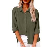 Friptspyg Femme Blouse Chemise Manches Longues Col V Boutonné 100% Coton Casual Mussel Blouse Hauts Femmes avec Poche Ajusté Versatile Été, Vert Armée L