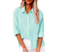Friptspyg Femme Blouse Chemise Manches Longues Col V Boutonné 100% Coton Casual Mussel Blouse Hauts Femmes avec Poche Ajusté Versatile Été, Bleu Vert L
