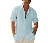 Friptspyg Hommes Chemise Lin Coton Manches Courtes Chemise de Plage Regular Fit Guayabera Camp Cubaine Chemises L'été, Bleu Menthe XL