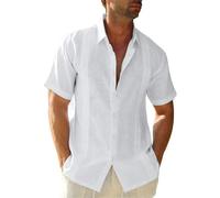 Friptspyg Hommes Chemise Lin Coton Manches Courtes Chemise de Plage Regular Fit Guayabera Camp Cubaine Chemises L'été, Blanc S