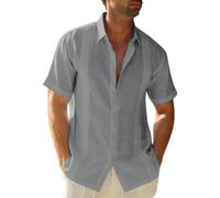 Friptspyg Hommes Chemise Lin Coton Manches Courtes Chemise de Plage Regular Fit Guayabera Camp Cubaine Chemises L'été, Gris Foncé XL