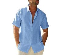 Friptspyg Hommes Chemise Lin Coton Manches Courtes Chemise de Plage Regular Fit Guayabera Camp Cubaine Chemises L'été, Bleu Ciel L
