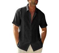 Friptspyg Hommes Chemise Lin Coton Manches Courtes Chemise de Plage Regular Fit Guayabera Camp Cubaine Chemises L'été, Noir XXL