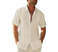 Friptspyg Hommes Chemise Lin Coton Manches Courtes Chemise de Plage Regular Fit Guayabera Camp Cubaine Chemises L'été, Beige XXL