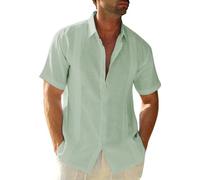 Friptspyg Hommes Chemise Lin Coton Manches Courtes Chemise de Plage Regular Fit Guayabera Camp Cubaine Chemises L'été, Vert Menthe M
