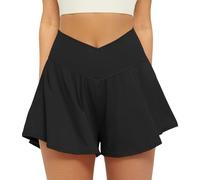 Friptspyg Shorts Sport pour Femmes Courtes V Cross Taille Haute 2-en-1 Shorts de Running D'été Tennis, Noir XXL