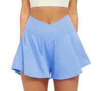 Friptspyg Shorts Sport pour Femmes Courtes V Cross Taille Haute 2-en-1 Shorts de Running D'été Tennis, Bébé Bleu XXL