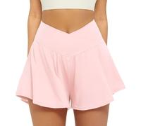 Friptspyg Shorts Sport pour Femmes Courtes V Cross Taille Haute 2-en-1 Shorts de Running D'été Tennis, Bébé Poudre XXL