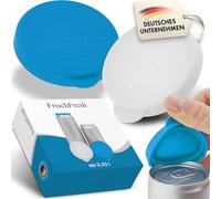 FrischFresh lot de 2 0,25 L couvercles canette silicone bleu-blanc, réutilisables, lave-vaisselle, hermétiques & sans BPA - idéal festival, plage, jardin, voiture, bureau