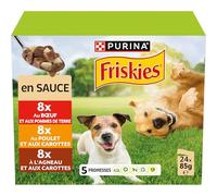FRISKIES | Patée pour Chien Adulte | en Sauce | Au Poulet, Bœuf, Agneau et Légumes | Aide à Maintenir Un Regard étincelant, Un Poil Brillant et Une Peau Saine | Sachets Fraîcheurs | 24 x 85 g