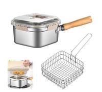 Friteuse 3 en 1 en acier inoxydable avec poignée en bois et égouttoir à huile, portable, pour camping, randonnée, pinic (récipient de rangement + casserole + poêle à frire)