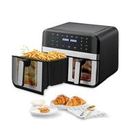 Friteuse à air 1800W, taille familiale 9L, chauffage 80-200 Centigrade, 2 paniers indépendants avec fenêtre visible, multi-fonctions pour croustiller, griller, déshydrater, cuire au four