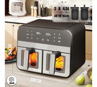 Friteuse à air à deux zones avec fenêtre, sans huile, 9 litres, 8 programmes de cuisson, écran tactile, alarme de tremblement, noir