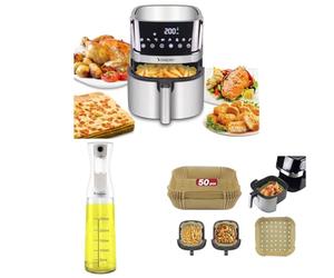 Friteuse à air chaud, friteuse 7L, huile en aérosol avec récipient en verre gradué, papier cuisson carré pour friteuse à air, lot de 50 pièces, 20x20 cm, antiadhésif