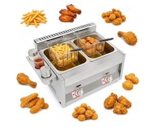Friteuse à gaz, 60,3 x 46 x 33,5 cm, double réservoir commercial, en acier inoxydable, friteuse professionnelle avec paniers filtrants, couvercle, zones froides, pour restaurant, snack-bar, apéritifs