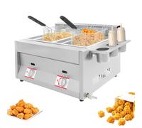 Friteuse à gaz double professionnelle, friteuse au propane en acier inoxydable, plage de température 50-380 °C, friteuse à gaz avec 3 coupelles à épices pour les maisons, les restaurants, les fêtes