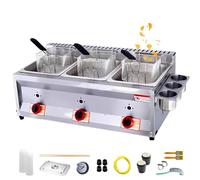 Friteuse à gaz GPL à double réservoir, capacité totale de 20 L, en acier inoxydable, avec thermostat, paniers et couvercle, pour cuisine domestique et professionnelle.