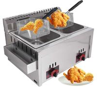 Friteuse à gaz professionnelle, 10 L x 2 friteuses professionnelles avec double couvercle, thermostat de sécurité pour frites commerciales familiales, restaurants