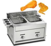 Friteuse à gaz professionnelle en acier inoxydable, avec paniers et couvercles, flamme réglable, idéale les restaurants, les frites, les beignets et le poisson.