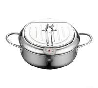 Friteuse avec thermomètre et système de drainage d'huile, style japonais en acier inoxydable multifonction pour frire, cuire à la vapeur, bouillir (24 cm)