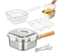 Friteuse Carrée Inoxydable avec Panier et Couvercle Casserole Multifonction | Set Poêle Égouttoir Grille Vapeur et Pince Boîte Conservation Étanche Cuiseur Petit Espace Frites Tempura Compatible