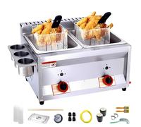 Friteuse commerciale à gaz GPL à deux réservoirs avec panier de 10 L x 2/3 et couvercle en acier inoxydable, propane GPL de grande capacité avec tube en métal pour frites, maison, cuisine, restaurant