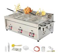 Friteuse commerciale à gaz GPL de 10 L x 3, avec 3 paniers et couvercles, grille d'assaisonnement, puissance de feu réglable, friteuse GPL en acier inoxydable pour frites, morue, poulet, rondelles