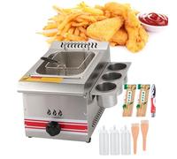 Friteuse commerciale, gaz avec panier à friture, comptoir en acier inoxydable avec support à condiments et bouteilles de sauce pour poulet frit et rondelles d’oignon,