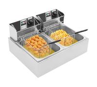Friteuse Double Electrique 6+6L Inox 2.5KW + 2.5kW Friteuse Commerciale avec Deux Cuves Régulation Indépendante de la Température et 2 Paniers Filtrants 55x44x15cm