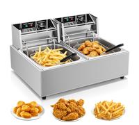 Friteuse Electrique Commerciale FOHERE, Friteuse Double de 21,6L avec Panier, Temperatura Regolabile da 60 a 200°C, Friteuse en Acier Inoxydable de 3400W pour Utilisation en Cuisine et Restaurant