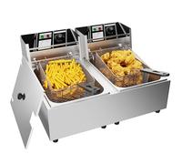 Friteuse Électrique Commerciale, Friteuse À Double Réservoir de 20 L, Friteuse À Copeaux en Acier Inoxydable 2500 W + 2500 W avec Couvercles pour Frites, Poulet, Poisson Et Chips