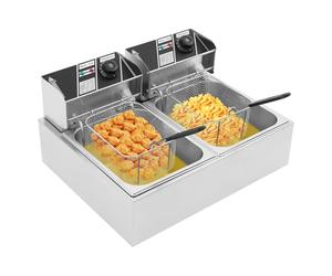 Friteuse Électrique Double Cuve, Friteuse Professionnelle Inox 6L Thermostat Réglable 60-200°C, Double Réservoir Indépendant 2500W+2500W, Paniers-Filtres, pour Restaurant Snack Fast-Food
