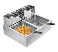 Friteuse électrique en acier inoxydable avec panier et couvercle, robuste et de comptoir, pour cuisine et restaurant.