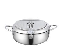 Friteuse en acier inoxydable 304, friteuse à tempura, poêle antiadhésive, avec thermomètre et grille d'égouttage d'huile, for frites, ailes de poulet et tempura de crevettes(Silver,28cm)