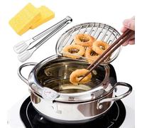 Friteuse japonaise en acier inoxydable 304 avec thermomètre, égouttoir à huile, égouttoir et couvercle, 28 cm (argenté)