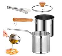 Friteuse profonde en acier inoxydable | Poêle à friteuse avec poignée en bois | Poêle à friteuse à huile profonde | Pour cuisine, camping, poisson, crevettes, poulet, convient à les cuisinières